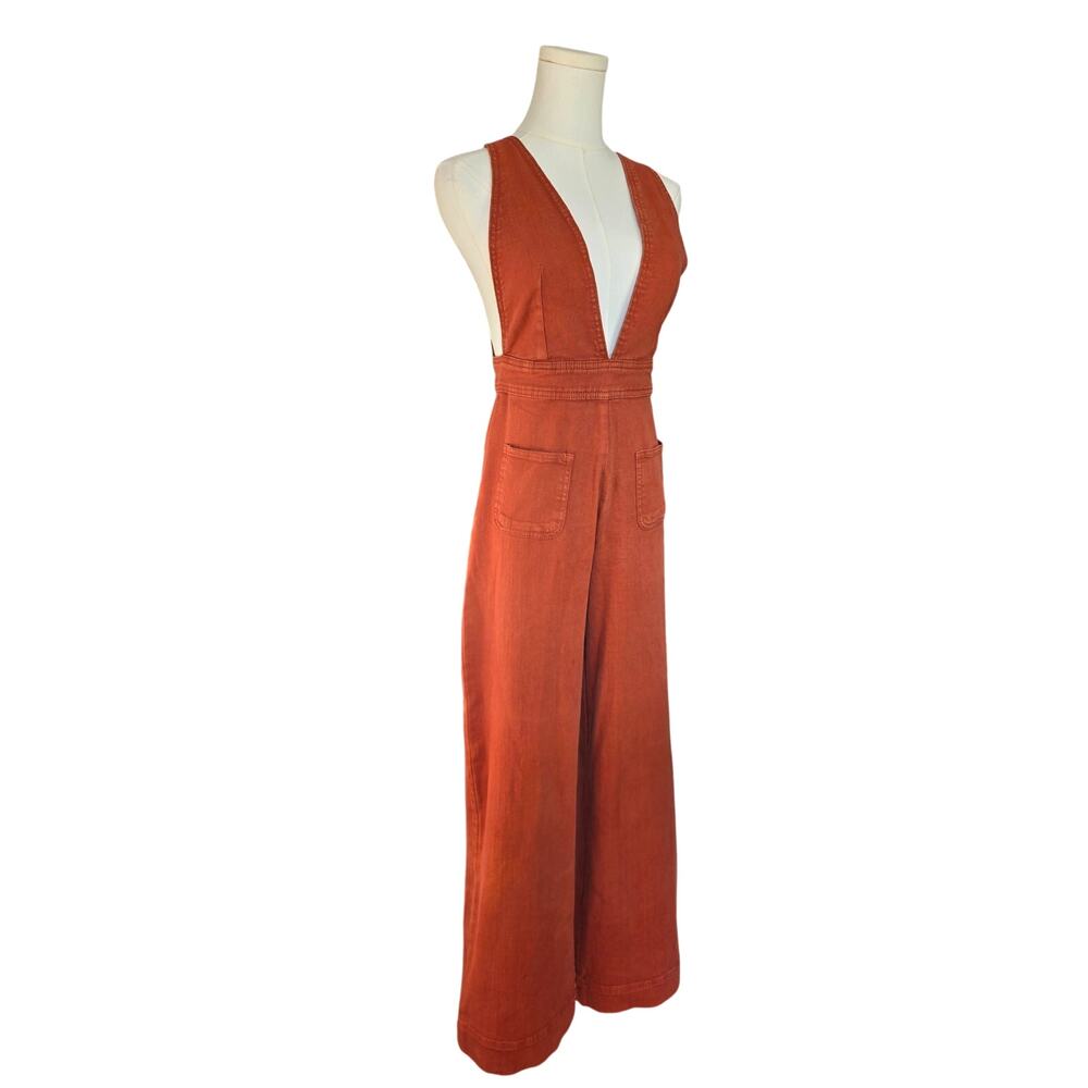 DOLLHOUSE Rust V-Neck Back-Zipper Front-Pocket Overalls
